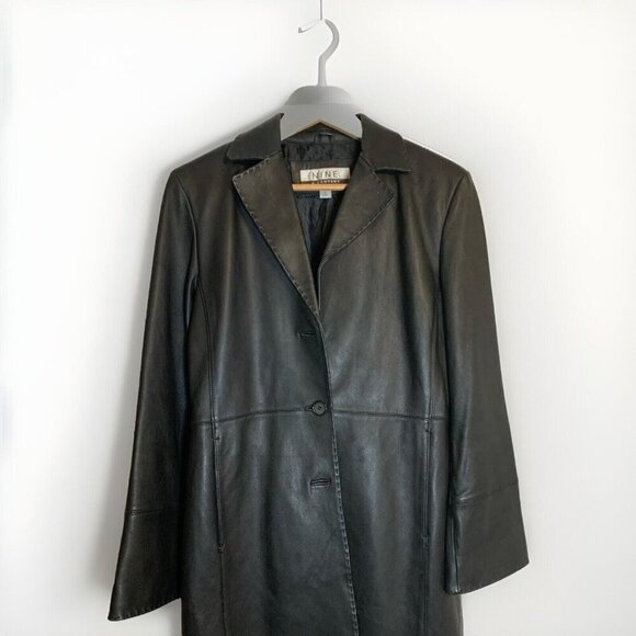 Nine Company Soft Leather Coat Black Button Front Pockets Lined Sz M Grunge Y2K - Picture 3 of 14